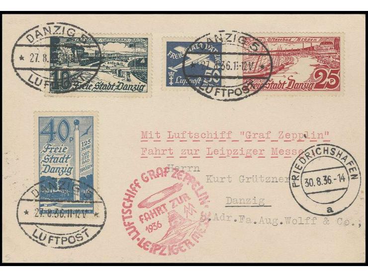 DANZIG: 1936, Fahrt zur Leipziger Messe, Karte mit u.a. Mi.-Nr. 259-61, alle Stempel vorderseitig, Kabinett