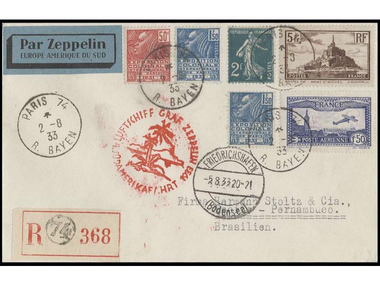 FRANKREICH: 1933, 4. Südamerikafahrt, R-Brief bis Pernambuco, Kabinett