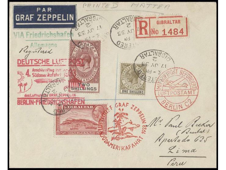 GIBRALTAR: 1933, 4. Südamerikafahrt, R-Brief Anschlußflug Berlin nach Peru, Pracht