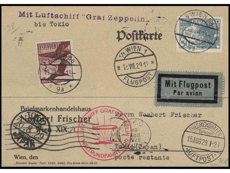ÖSTERREICH: 1929, Weltrundfahrt, Karte bis Tokio, alle Stempel vorderseitig, Pracht