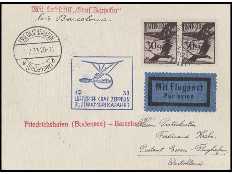 1933, 3. Südamerikafahrt, Etappenkarte Friedrichshafen-Barcelona mit vorder- und rückseitiger Frankatur, und WIPA-Aufgabestem