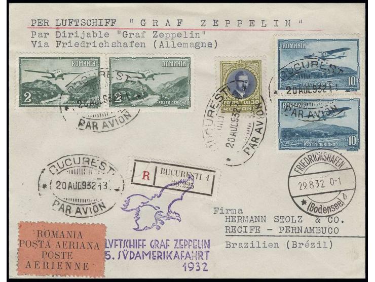 RUMÄNIEN: 1932, 5. Südamerikafahrt, R-Brief bis Pernambuco, Pracht