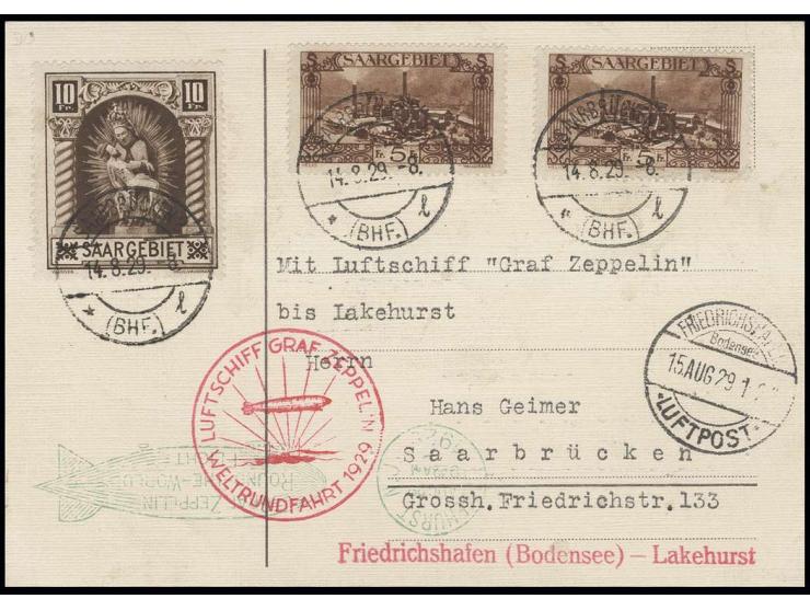 SAAR: 1929, Weltrundfahrt, Karte Friedrichshafen-Lakehurst mit guter Frankatur, Kabinett, ex Kofler
