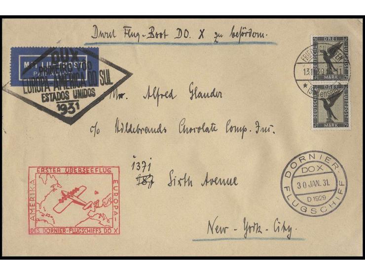 1930, 1. Überseeflug, Brief mit senkrechtem Paar Mi.-Nr. 384 nach New York, Pracht; Harms-Nr. 7b