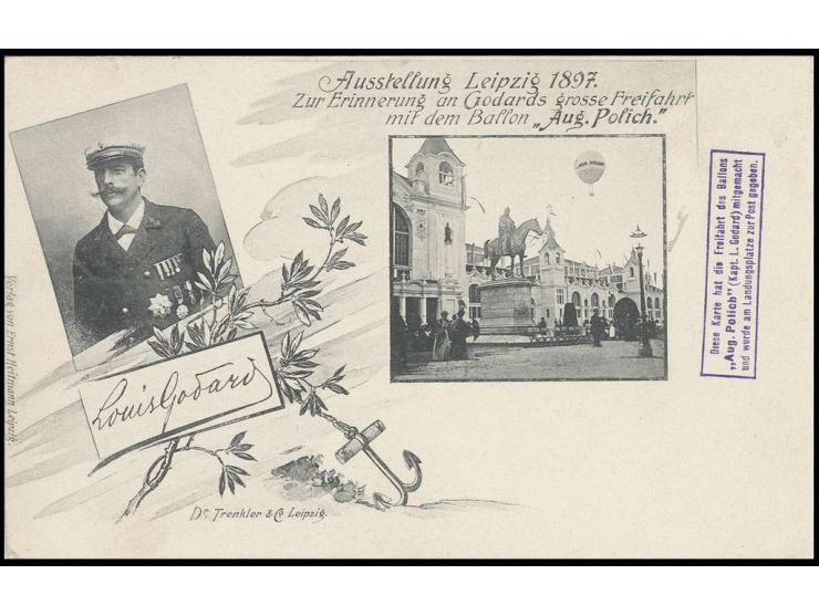  1897, Ballon "Aug. Polich", Sonderkarte der Fahrt unter Kapitän L. Godard mit Bestätigungsstempel, dazu 2 ungebrauchte Sonde
