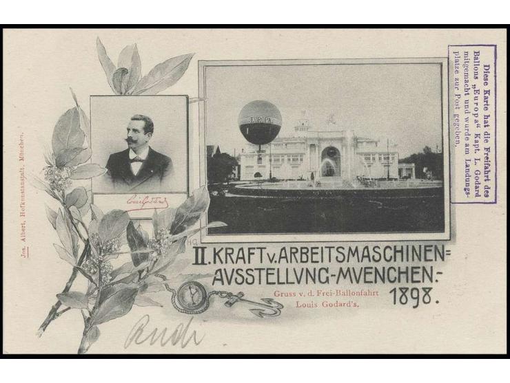 1898, Ballon "Europa" unter Kapitän L. Godard, Sonderkarte "II. KRAFT U. ARBEITSMASCHINEN-AUSSTELLUNG-MUENCHEN / Gruss v. d. 
