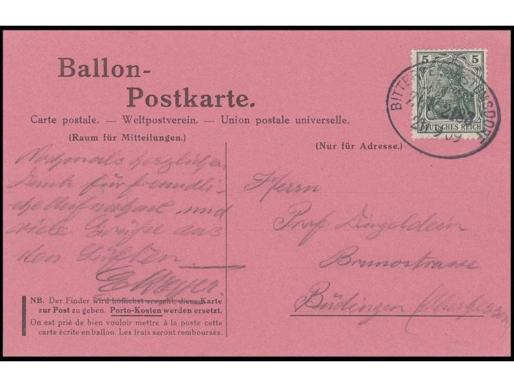 1909, Ballon "Frankfurt" violettrote Sonderkarte des Frankfurter Verein für Luftschiffahrt vom Ila-Aufstieg 21.9.9 mit Aufgab