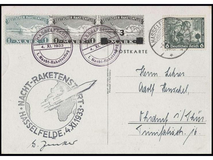 1933, Nacht-Raketenstart 4.11, Karte mit 1 M. grün und schwarz sowie 3 auf 1 M. mit violettem Sonderstempel und DR-Zusatzfran