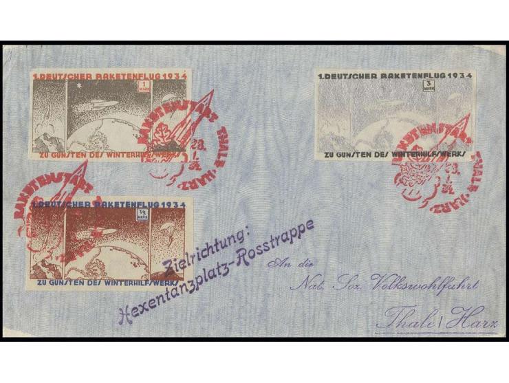 1934 Hexentanzplatz 28.1., Brief mit ½ bis 3 M. geschnitten mit aus jeweils rotem Sonderstempel "RAKETENSTART THALE -HARZ" so