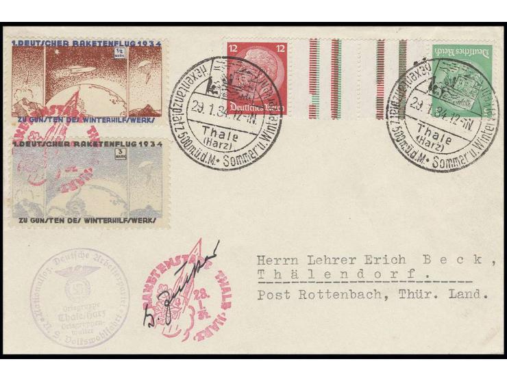 1934, Hexentanzplatz 29.1., Brief mit Raketenmarken ½ -3 M. (1 M. rückseitig) mit rotem Sonderstempel sowie DR-Frankatur KZ17