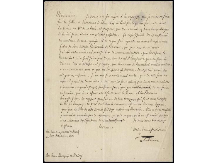1741, Schreiben von Friedrich II. "dem Großen" unterzeichnet mit "Frederic" aus dem Feldlager bei Neiße in Schlesien vom 22. 