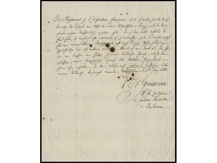 1809, August Neidhard von Gneisenau (1760-1831), eigenhändiges Schreiben vom 8. Juni, unterzeichnet mit "Nv Gneisenau, K. Pr.