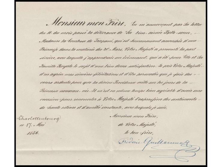 1856, König Friedrich Wilhelm IV,  e.U. auf vorgedrucktem Briefinhalt mit entsprechendem Umschlag an König Ferdinand von Neap