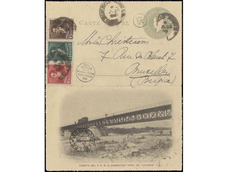 1898/1901, 2 ungebrauchte und 2 gebrauchte Ganzsachen mit Eisenbahn-Motiven, dabei Kartenbrief mit Zufrankatur nach Belgien, 