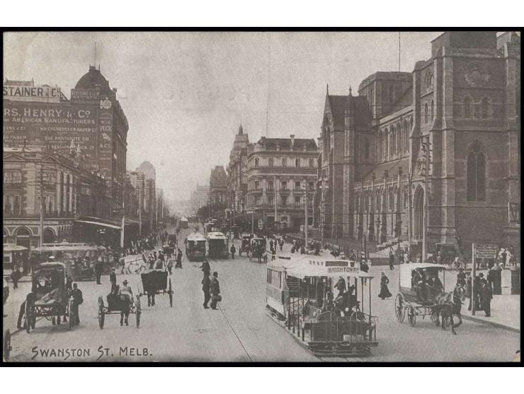 Ganzsachenkarte 1 P. rot mit umseitigem Foto "Swanston St. Melb.", ungebraucht