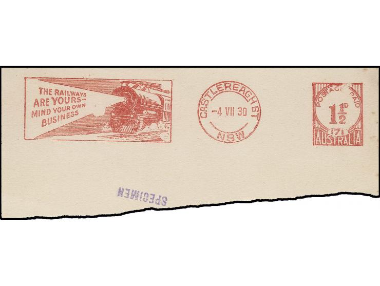 1930, Werbe-Freistempel "THE RAILWAYS ARE YOURS", Probeabschlag 1½ D. auf Kartenteil mit L1 "SPECIMEN"