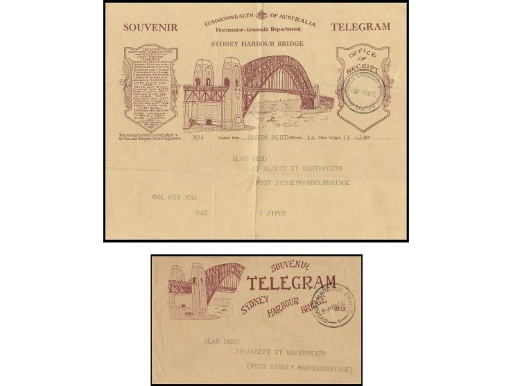 1932, Eröffnung der Harbour Bridge am 19. März, 'SOUVENIR TELEGRAM SYDNEY HARBOUR BRIDGE', Schmuckformular und -umschlag, bei
