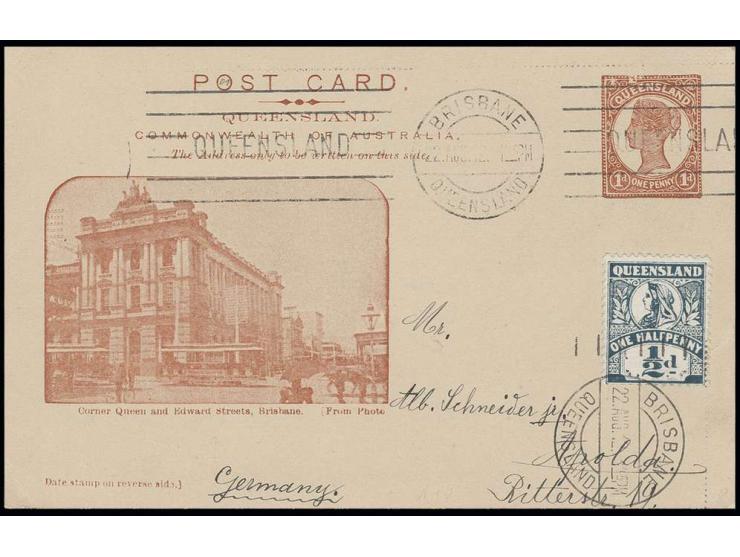 QUEENSLAND: 1912, Bild-Ganzsachenkarte 1 P. braun mit Abbildung Straßenbahn 'Corner Queen and Edward Streets, Brisbane', mit 