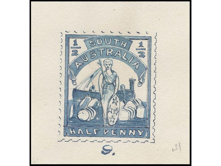 SÜD-AUSTRALIEN: 1899, handgezeichneter Entwurf für eine Freimarke ½ P. blau mit allegorischer Darstellung, dabei Teil einer L