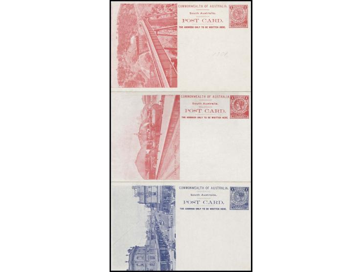 1908, 3 verschiedene Bild-Ganzsachenkarten 1 P. rot in rot (2) bzw. mit verschiedenen Darstellungen von Straßen- bzw. Eisenba