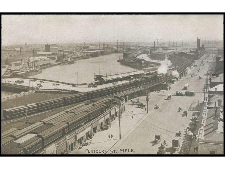 AUSTRALISCHER STAATENBUND: 1912, Bild-Ganzsachenkarte 1 P. rot mit umseitigem Foto "FLINDERS ST. MELB.", ungebr.