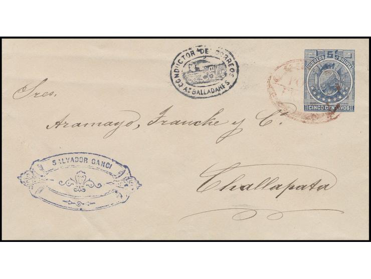 1884, Ganzsachenumschlag 5 C. blau mit rotem Zierstempel "POOPO FRANCA" und nebengesetztem Ovalstempel "CONDUCTOR DE CORREOS 