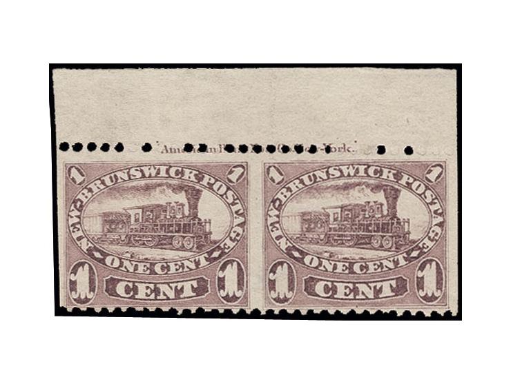 1860/63, 1 C. purpurbraun im waagerechten Oberrandpaar mit Imprint (genau in der oberen Zähnung), senkrecht ungezähnt, ungebr