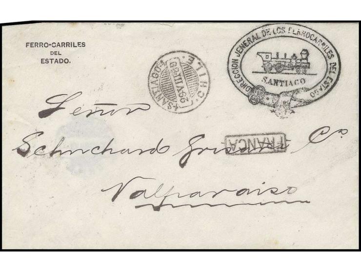 1889, Eisenbahn-Dienstbrief mit Siegelstempel "DIRECCION JENERAL DE LOS FERROCARILLES DEL ESTADO" von Santiago nach Valparais