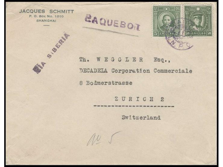 1934, Brief aus Shanghai mit chinesischer Frankatur, entwertet durch violetten "DAIREN I.N.P.O. 9.11.34" mit nebengesetztem L