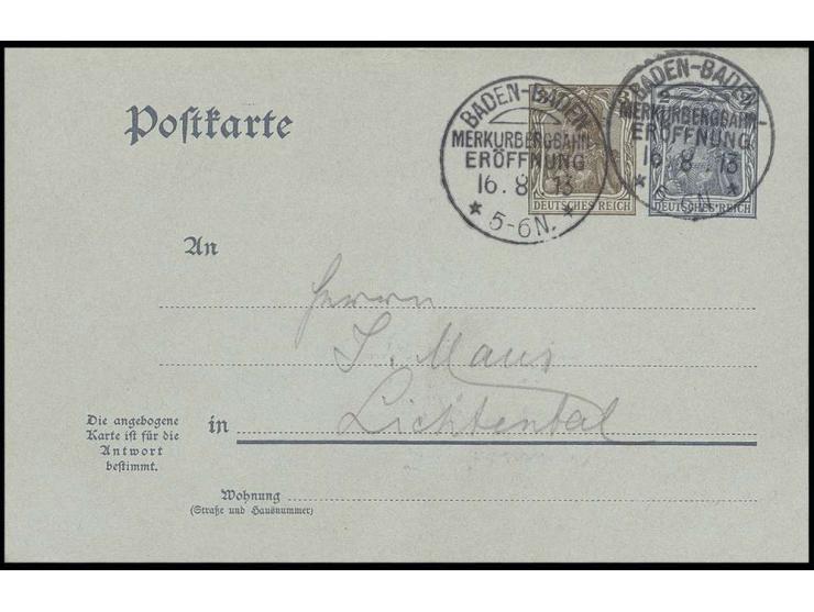 1913, "BADEN-BADEN MERKURBERGBAHN -ERFÖFFNUNG 16.8.", Sonderstempel zweimal klar auf Frage-Ganzsachenkarte 3 Pfg. neben 2 Pfg