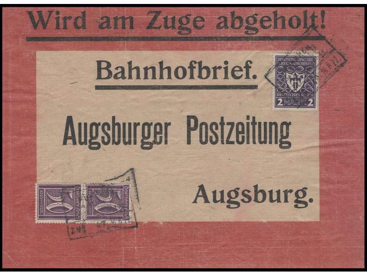 1922, Gewerbeschau 2 M. und senkrechtes Paar Ziffer 50 Pfg. mit bayr. Bahnpostsstempel "MÜNCHEN-AUGSBURG 16.8.22" auf Bahnhof