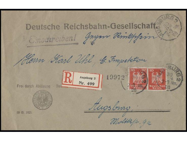 1926, Adler 10 Pfg., 2 Stück als Gebühr für den Rückschein auf sonst portofreiem Einschreibe-Frei durch Ablösung Reich-Brief 