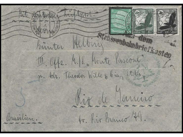1934, Steinadler 100 Pfg. und 50 Pfg. sowie Hindenburg Trauer 5 Pfg. auf Straßenbahn-Zeppelinbrief von "HAMBURG-Straßenbahn 7
