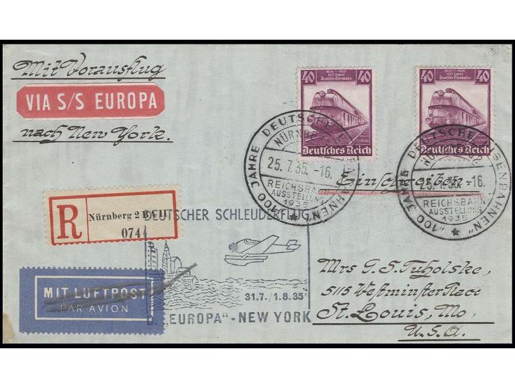 Lokomotive 05001 40 Pfg., 2 Stück mit Sonderstempel "100 JAHRE DEUTSCHE EISENBAHN NÜRNBERG 25.7." auf Einschreibe-Schleuderfl
