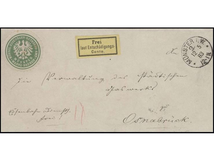 DIENSTMARKEN: 1883, Gebührenzettel "Frei laut Entschädigungs-Conto", voll- bis sehr breitrandig und farbfrisch auf Briefvorde