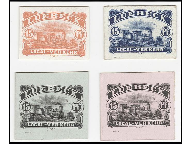 LÜBECK: 1888, Eisenbahn 15 Pfg., 3 verschiedenen Farbproben auf Kartonpapier in den Farben blau und schwarz (2 Stück auf rosa