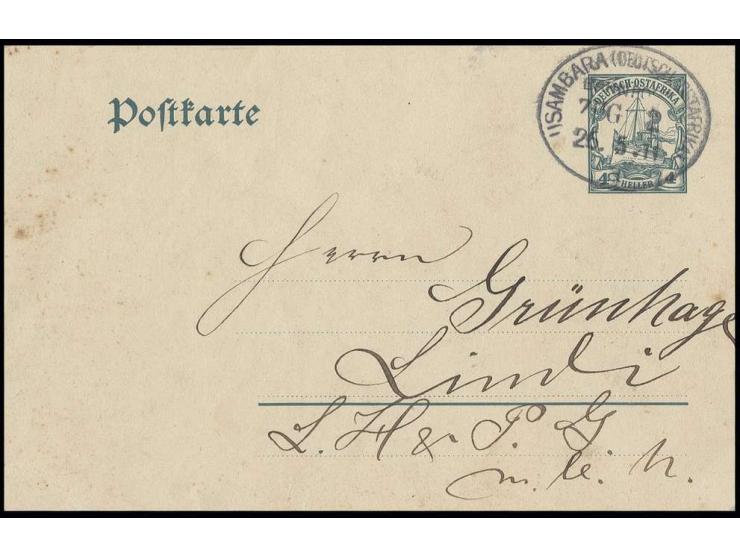 1911, "USAMBARA (DEUTSCH-OSTAFRIKA) BAHNPOST ZUG 2 a 26.5.", klar auf bedarfsgebrauchter Ganzsachenkarte 4 H. nach Lindi, min