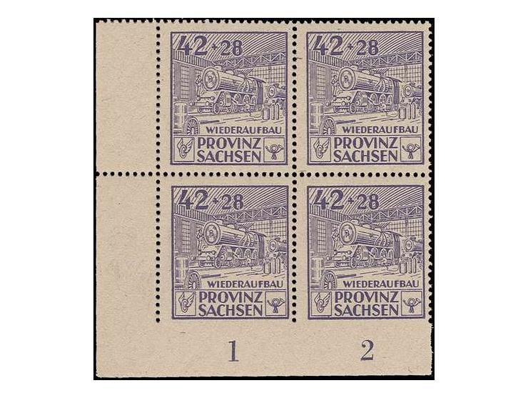 1946, Wiederaufbau 42 Pfg. mit Abb. "Eisenbahn in Maschinenhalle", unten ungezähnt, 2 Stück im 4er-Block mit zwei Normalmarke