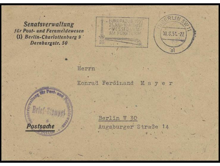 1951, Euopazug in Berlin, 6 Briefe und Karten mit entsprechenden Sonderstempeln bzw. Maschinenstempeln (3 verschiedene), dazu