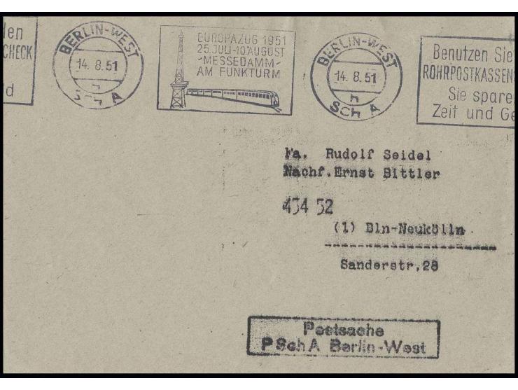 "BERLIN-WEST SCH A 14.8. EUROPAZUG 1951 25.JULI-10.AUGUST MESSEDAMM AM FUNKTURM", Maschinen-Werbestempel klar auf Postsache i