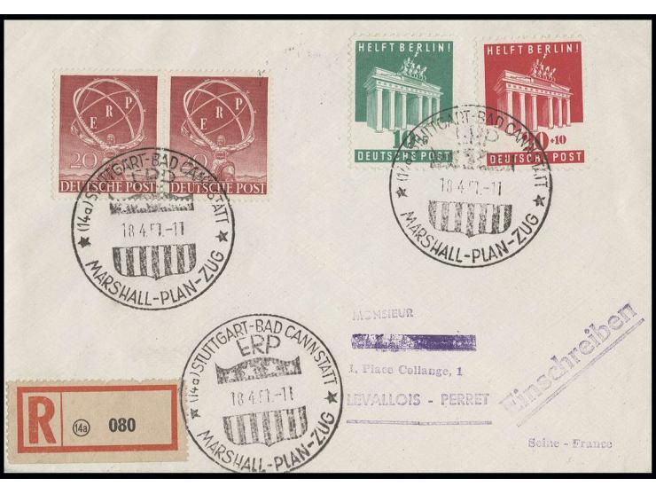 "STUTTGART-BAD CANNSTATT ERP MARSHALL-PLAN-ZUG 18.4.51", dreimal klar auf Einschreibe-Brief mit Helft Berlin 20 Pfg. und 10 P