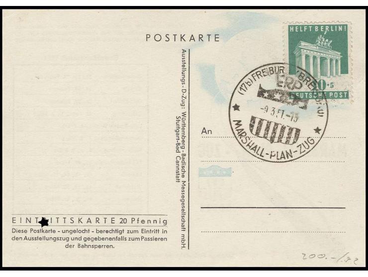 1951, "FREIBURG (BREISGAU) ERP MARSHALL-PLAN-ZUG 9.3.51" auf entsprechender Eintrittskarte mit Helft Berlin 10 Pfg.