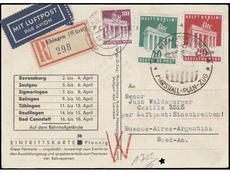 1951, "BALINGEN ERP MARSHALL-PLAN-ZUG 9.4.51" auf entsprechender Eintrittskarte mit Helft Berlin 20 Pfg. und 10 Pfg. sowie Ba