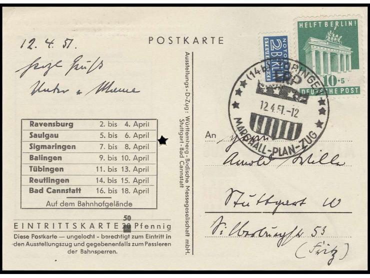 "TÜBINGEN ERP MARSHALL-PLAN-ZUG 12.4.51" auf entsprechender Eintrittskarte mit Helft Berlin 10 Pfg.