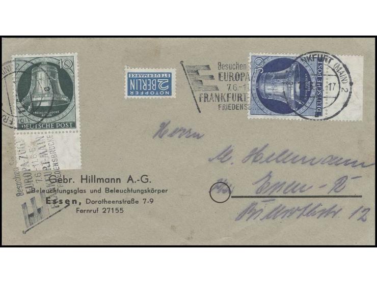 Maschinenstempel "FRANKFURT 11.6. - Besuchen Sie den EUROPA-ZUG!....", zweimal auf Brief mit Glocke I 30 Pfg. und 10 Pfg. nac