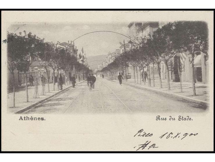1900, Ganzsachenkarte 10 L., mit vorderseitigem Bildzudruck "Rue du Stade" (mit Bahnschienen), gelaufen nach Triest
