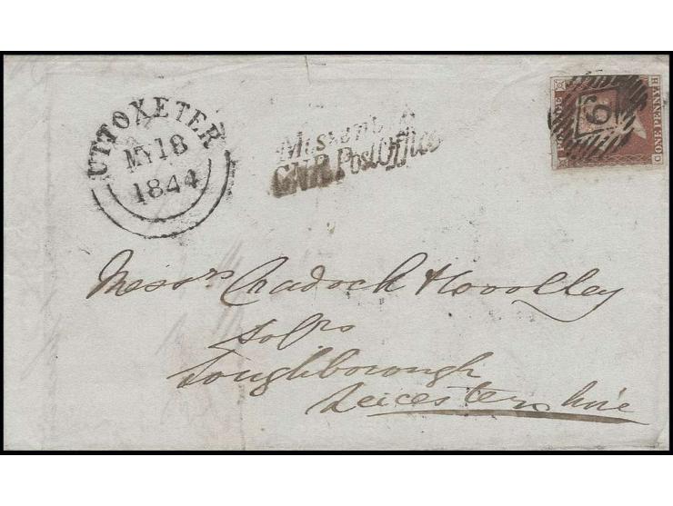 1844, Brief von Uttoxeter nach Lestershire mit nebengesetzt seltenem "Missent to GNR Post Office"(Great Northern Railway)