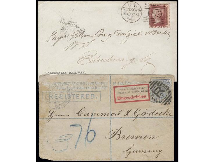 1858/80, Brief von Glasgow nach Edinburgh mit Vordruck "CALEDONIAN RAILWAY" sowie R-Brief von London nach Bremen mit R-Zettel