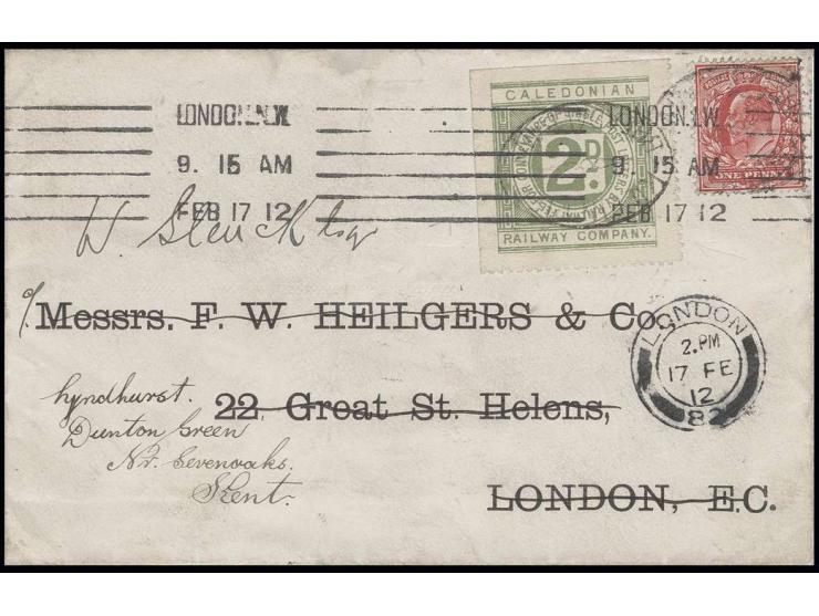 1912, Caledonian Railway Company Privatpostmarke 2 d. grün zusammen mit Edward 1 d. auf Brief nach London, dort nachgesandt n