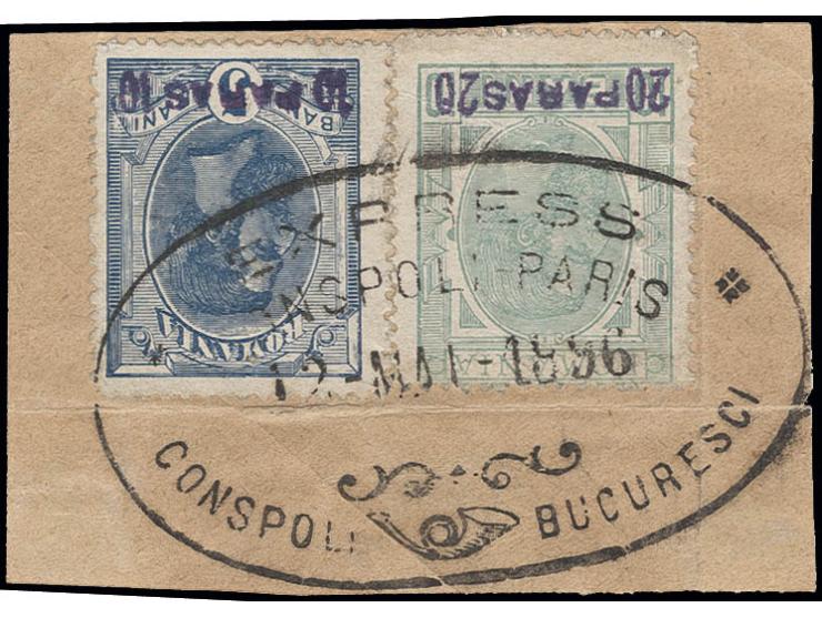 1896, Burmenische Levante 10 Pa. und 20 Pa. mit Ovalstempel "EXPRESS CONSPOLI-PARIS" auf Briefstück